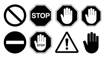 A set of eight black and white prohibitive road signs are shown.