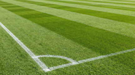 Obraz premium Professional soccer field corner with white boundary lines and striped mowing patterns on high quality artificial turf or natural grass ready for a competitive sports match or tournament.