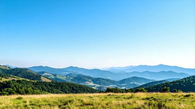 A grassy foreground leads to layered mountain ranges under a clear, azure sky