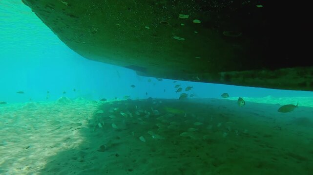 Camera moves forward under a fishing boat moored above a sandy seabed, a school of fish hiding in its shadow on a bright sunny day, Slow motion