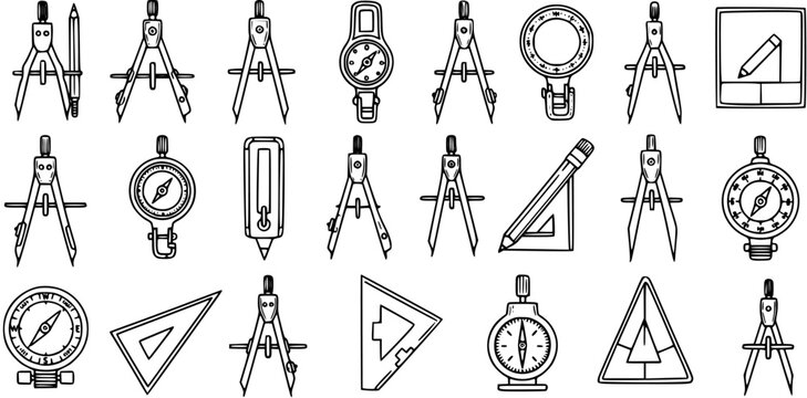 Black and White Line Art Icons of Drafting and Measuring Tools for Geometry and Construction