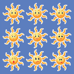Fototapeta premium Cute Sun Stickers Set with White Stroke on Blue Background