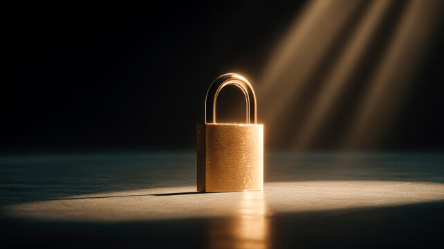 A golden padlock with standing on a concrete surface under soft natural light with a dark background.