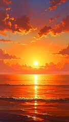 Fototapeta premium Vibrant orange sunset over calm ocean water with scattered clouds