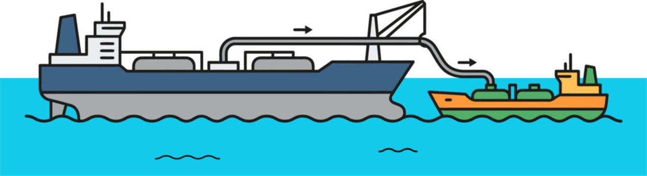 LNG Tanker Refueling Smaller Ship at Sea Flat Vector Illustration