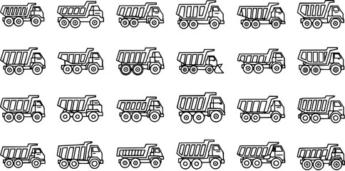 Construction and Mining Dump Truck Icons Set. Black and White Outline Line Art Glyph Collection of Heavy Equipment Vehicles for Hauling and Transport. © pixsource