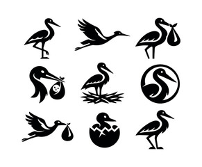 Fototapeta premium Black and white stork silhouettes vector, bird illustration, nest and egg icons