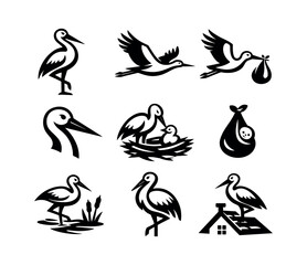 Obraz premium Black and white stork silhouette icons collection, bird vector illustrations, wildlife designs