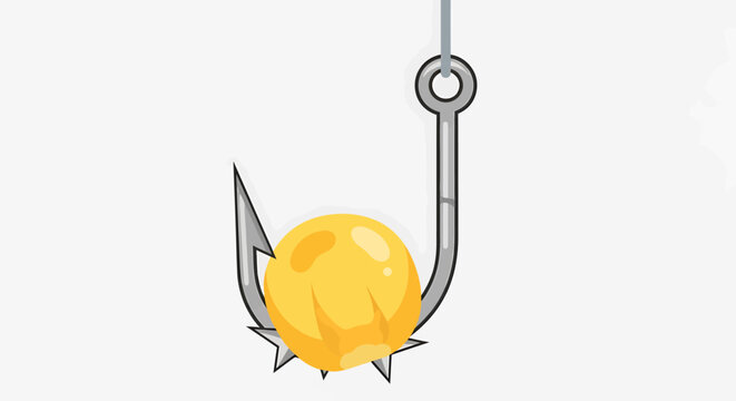 Bright yellow bait impaled on a sharp fishing hook, isolated.
