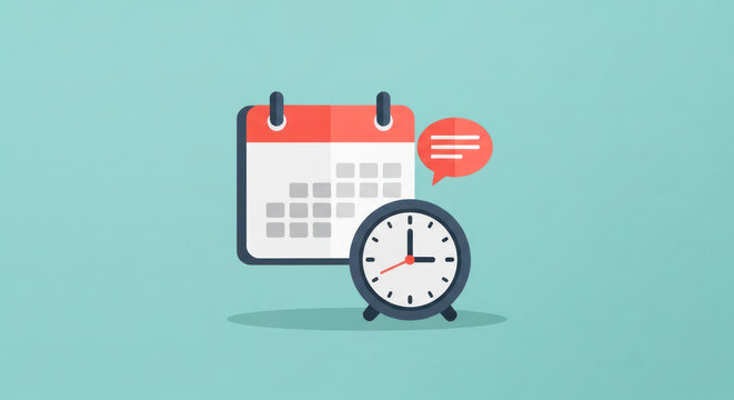 Calendar icon with a clock and speech bubble on a light blue background, representing scheduling and time management concepts