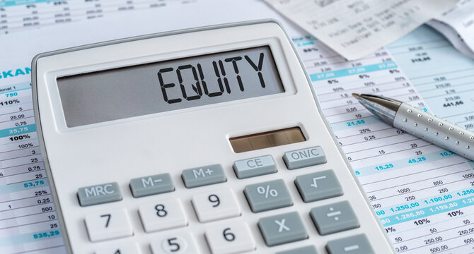 A calculator with the word Equity on the display