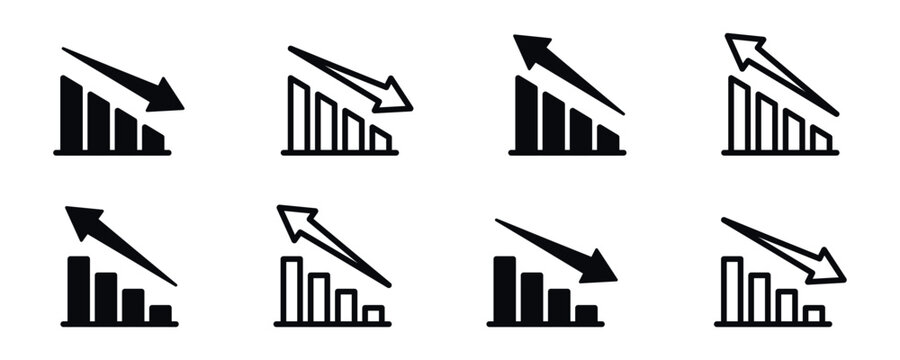 Set of black and white vector arrow and bar graph icons illustrating rising and falling trends