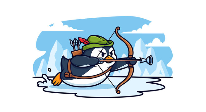 Cartoon penguin archer aiming bow and arrow with determination.