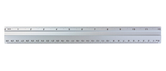 Aluminum ruler isolated on transparent background, metric and inch measuring tool, 30 cm and 12 inch scale, PNG format