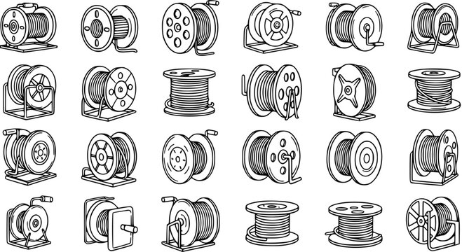 Vector Line Art Icons of Industrial Spools, Reels, and Bobbins. Black and White Outline Set for Manufacturing, Construction, and CableHose Winding.