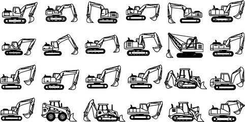 Construction Heavy Equipment Excavators and Diggers Black and White Line Art Seamless Pattern Background © pixsource