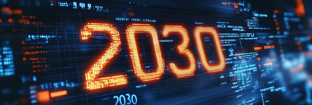 Futuristic 2030 Vision Glowing Neon Digits, Data Streams, and Bokeh Lights in a Digital Age