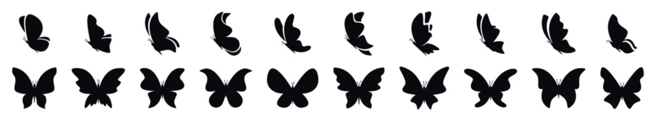 Obraz premium Collection of butterfly silhouettes in black and white, butterfly shapes, insect silhouette, vector illustration