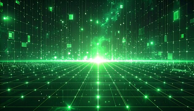 A futuristic digital texture featuring a green binary code pattern and blue light matrix for a modern communication technology data background