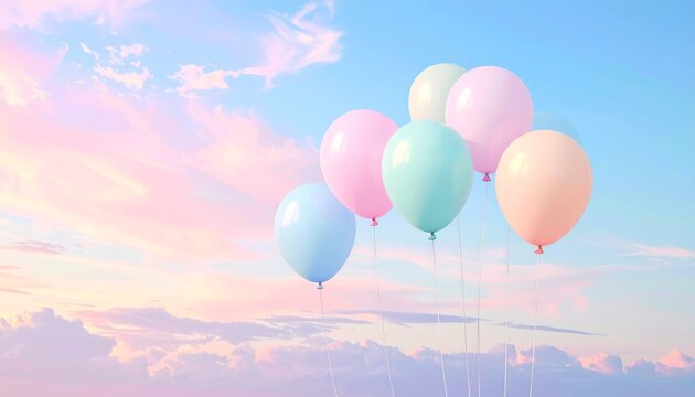 Colorful hot air balloons and helium party balloons fly through the blue sky with clouds for a happy birthday celebration event