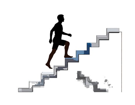 A silhouette of a man running up a staircase that morphs into pixels