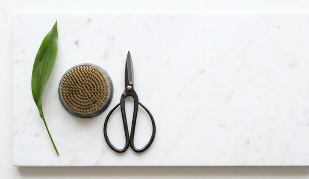 Top view flat lay of traditional Japanese Ikebana tools with a metal kenzan and scissors on white marble
