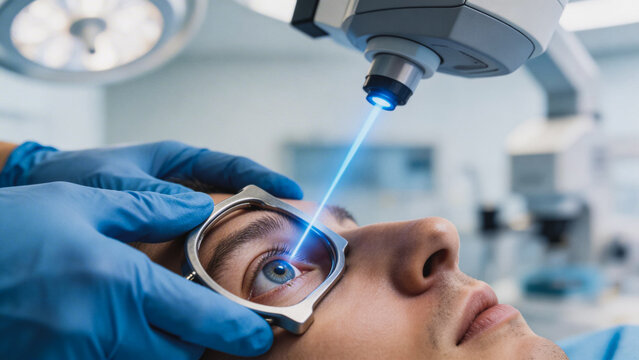 Male patient undergoing LASIK laser eye surgery in modern ophthalmology clinic, surgeon in blue gloves holding eyelid speculum while blue laser beam targets the cornea, refractive vision correction pr