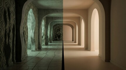 Obraz premium Hallway split into dark, dilapidated corridor and bright, modern passage