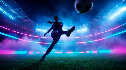 Obraz premium Dynamic low angle view of a professional soccer player silhouette kicking a ball mid-air during an intense match in a futuristic stadium illuminated by vibrant neon pink and blue lights