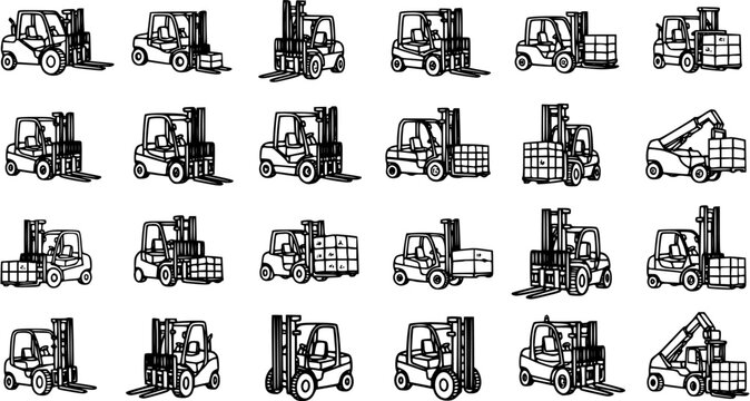 Black and White Line Art Forklifts Collection, Industrial Machinery Vector Icons