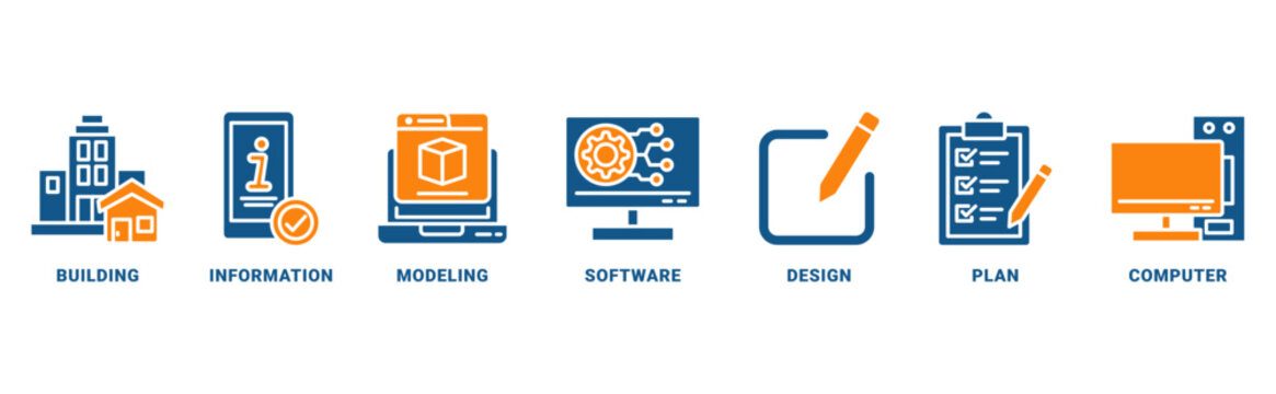 BIM (building information modeling) icon set vector concept with icon of building, information, modeling, software, design, plan, computer
