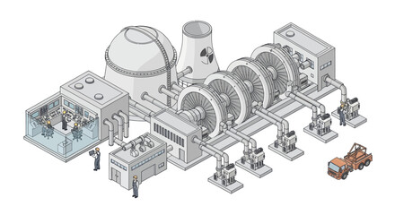 Isometric Diagram of a Nuclear Power Plant with Detailed Components. © Aksa