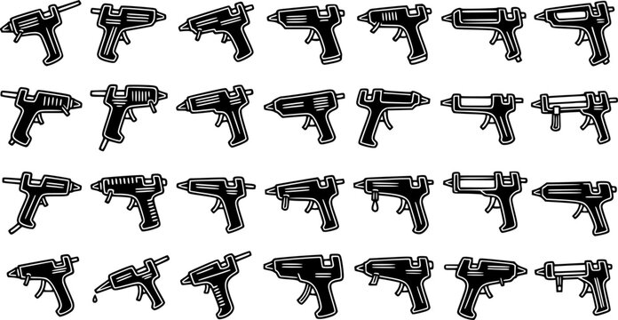 Craft Hot Glue Gun Glyph Icons Set for DIY Projects, Home Repair, and Hobby Crafts - Black and White Vector Collection.