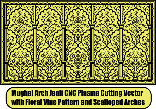 Mughal Arch Jaali CNC Plasma and Laser Cut Vector with Floral Vine Pattern and Scalloped Arches, Thick Outline Decorative Metal Screen Design, Wood Router Ready  Template