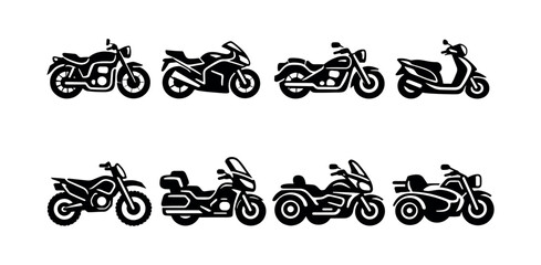 Black and white silhouette of various motorcycle types including scooter and trike illustration © Compositor 