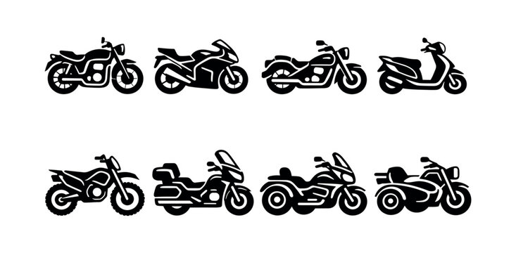 Black and white silhouette of various motorcycle types including scooter and trike illustration