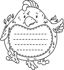 Fototapeta premium Doodle kids memo note frame of chick character with open wings and a playful expression, dashed lines for notes or message. Black and white cartoon vector memo sheet with cute chick for kids messages