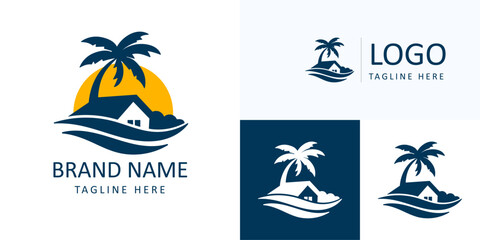 Obraz premium sunrise luxury waterfront house palm island logo design