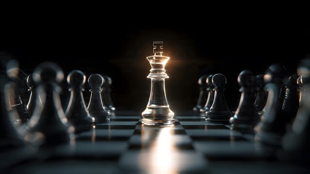 Chess pieces on a board with a glowing king in focus