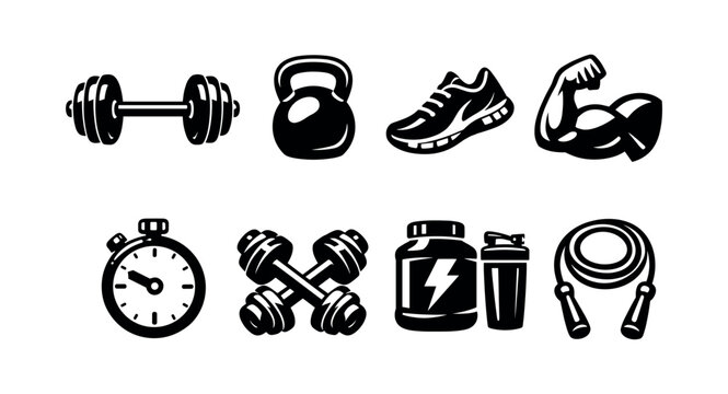 Fitness and workout equipment icons set featuring dumbbells kettlebell sneakers muscle stopwatch protein shaker rope vector illustration