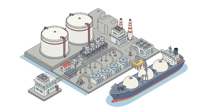 Isometric illustration of a liquefied natural gas LNG terminal with storage tanks and a tanker ship.