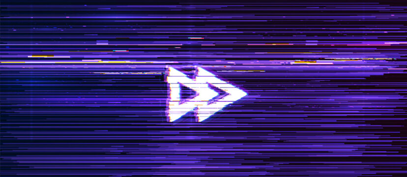 Video game glitch screen background with rewind button. Dynamic retro digital distortion background featuring start symbol of two right pointing triangles. Atmospheric vector screen for retro game