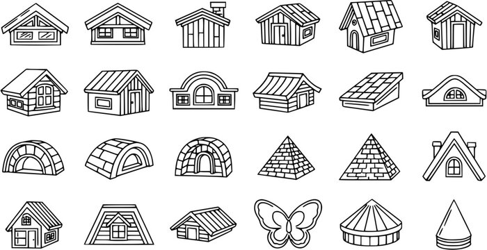 Black and White Line Art Icons of Houses, Pyramids, Igloos, and Butterfly - Architectural Set