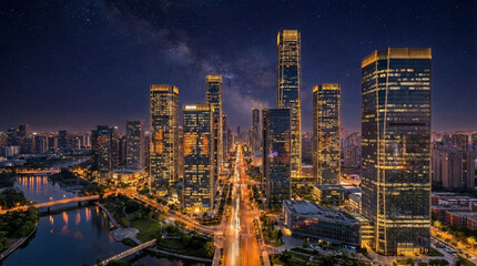 Obraz premium Stunning night cityscape with illuminated modern skyscrapers and a starry sky