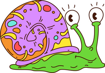 Cartoon groovy snail hippie funky trippy character. Green vector personage with big eyes, vibrant shell, and happy face, radiating funky vintage vibe. Groovy symbol for retro posters and Y2K graphics © Seavector