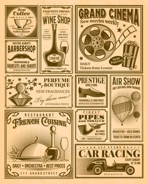 Old newspaper or vintage gazette and retro news paper newsprint, vector poster. Old newspaper background with ad posters or retro magazine advertisement banners of cinema, barbershop and restaurant
