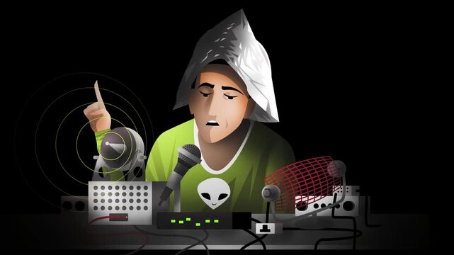man with tin foil hat discussing conspiracies using homemade radio equipment and streaming setup