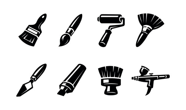 Black and white silhouette of painting tools set including brush paint roller and palette knife