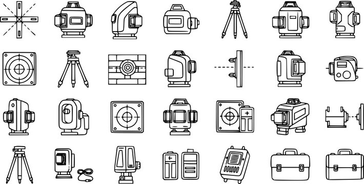 Construction and Surveying Laser Levels, Tripods, and Measurement Equipment Icons Set. Black and White Outline Vector Art for Building Projects.