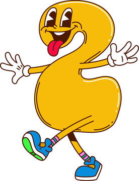 Groovy hippie math number Two or 2 sign and numeral figure, vector cartoon character. Groovy number 2 Two with happy face and silly tongue out smile face for kids school mathematics or algebra count